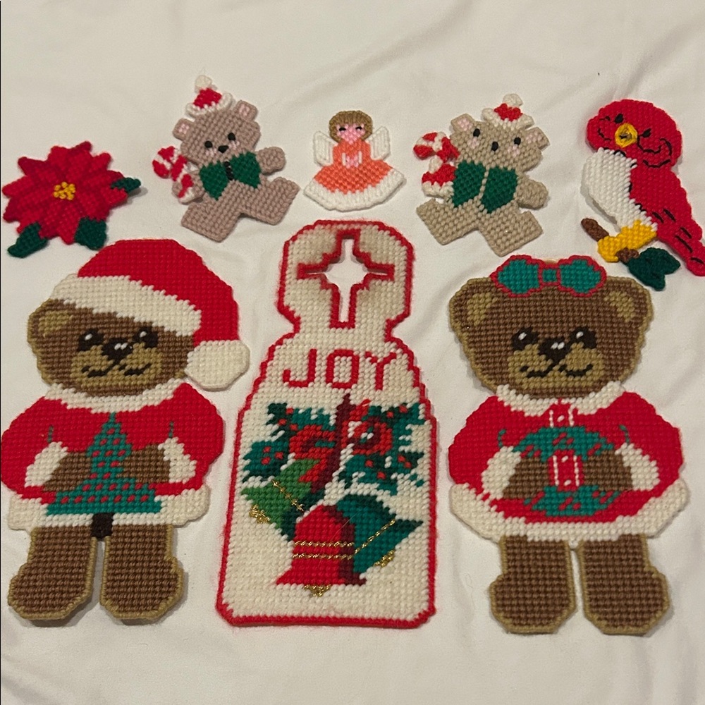 OOAK Plastic Canvas Needlepoint Vintage Christmas Decor Door Hanger Magnet Bears